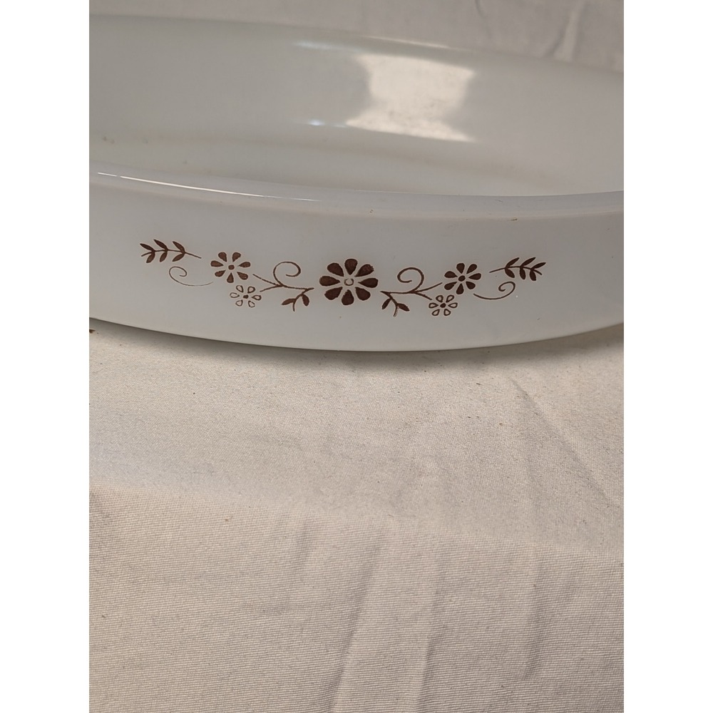 Vintage Dynaware Pyr-O-Rey Milk Glass Oval Baking Dish Brown Floral Pattern